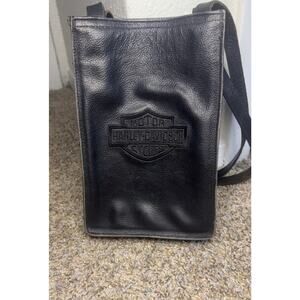 Harley Davidson Vtg Biker Black Leather Shoulder Bag Tote Embroidered Logo
